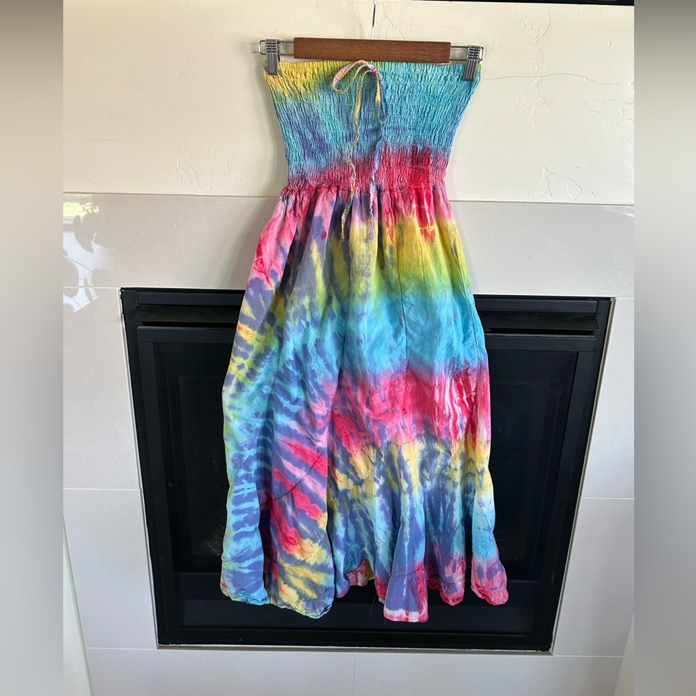 ▶️ Rainbow Tie Die Midi Dress S/M Smocked Festival Coastal Colorful USA